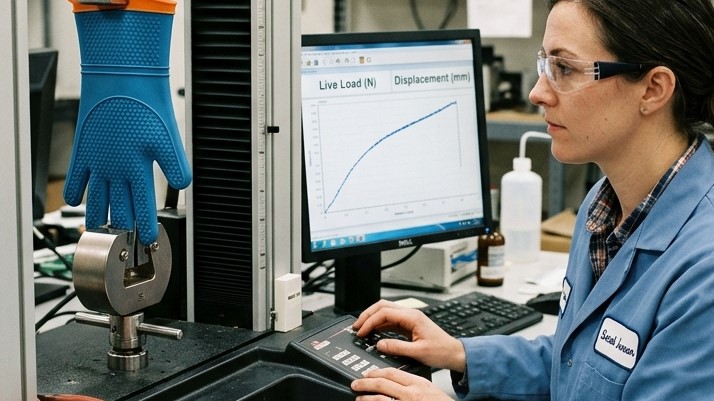 Một người kiểm tra đang thử nghiệm độ bền kéo của găng tay nướng bằng silicon để kiểm soát chất lượng.