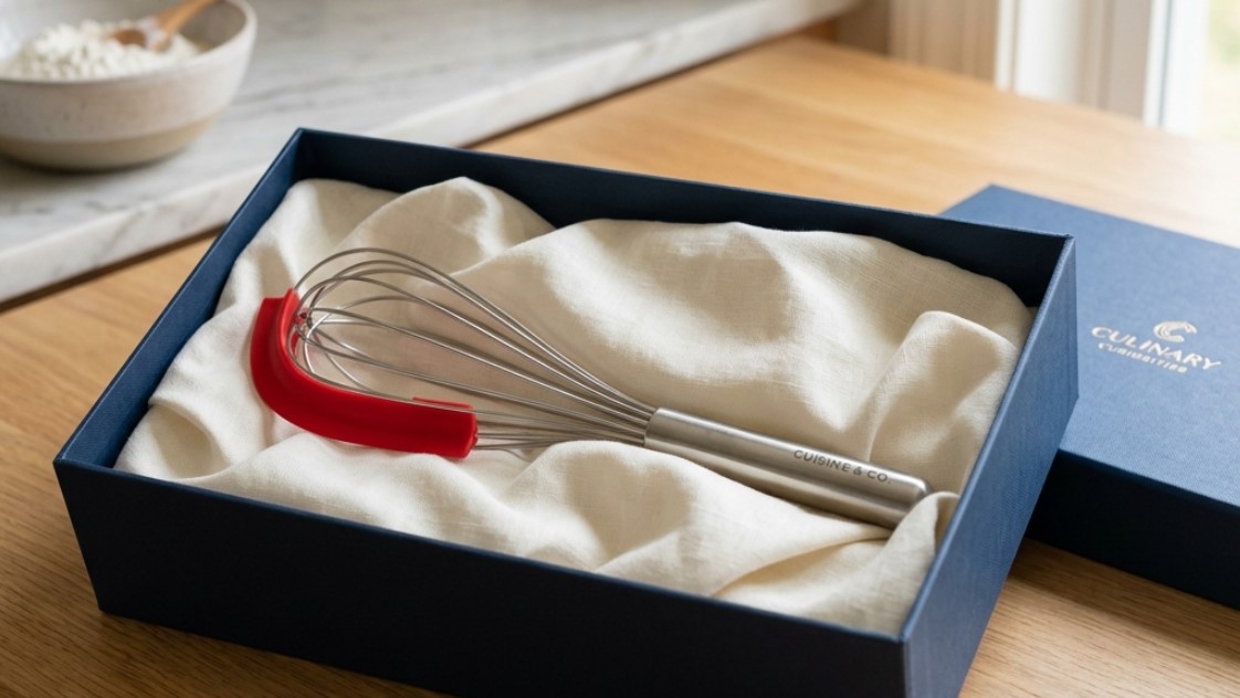 Um batedor com raspador de silicone é embalado em uma embalagem de presente premium e personalizada.