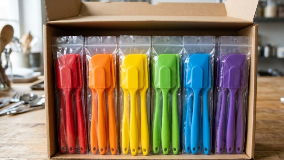 Onaylı silikon spatulalar, toplu paketleme için plastik torbalarda paketlenmiştir.