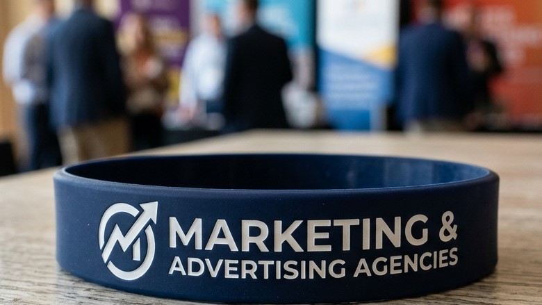Braccialetto blu personalizzato in silicone per agenzie di marketing e pubblicità.