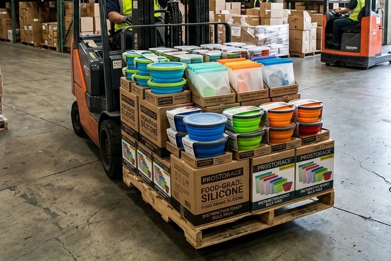 Caixas com produtos de silicone premium para armazenamento de alimentos estão sendo entregues por empilhadeira.