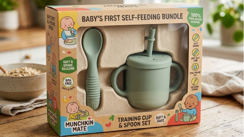 Bundelverkoop met siliconen babylepel en -beker, inclusief verpakking op maat en afgestemd op specifieke behoeften binnen het babyverzorgingsproject.