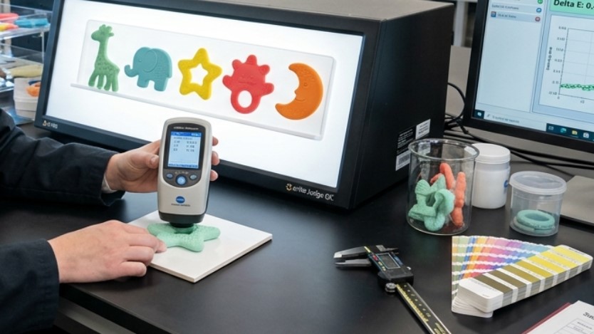 De kleurafstemming van de siliconen babyfopspeen wordt getest door onze kwaliteitscontroleurs.