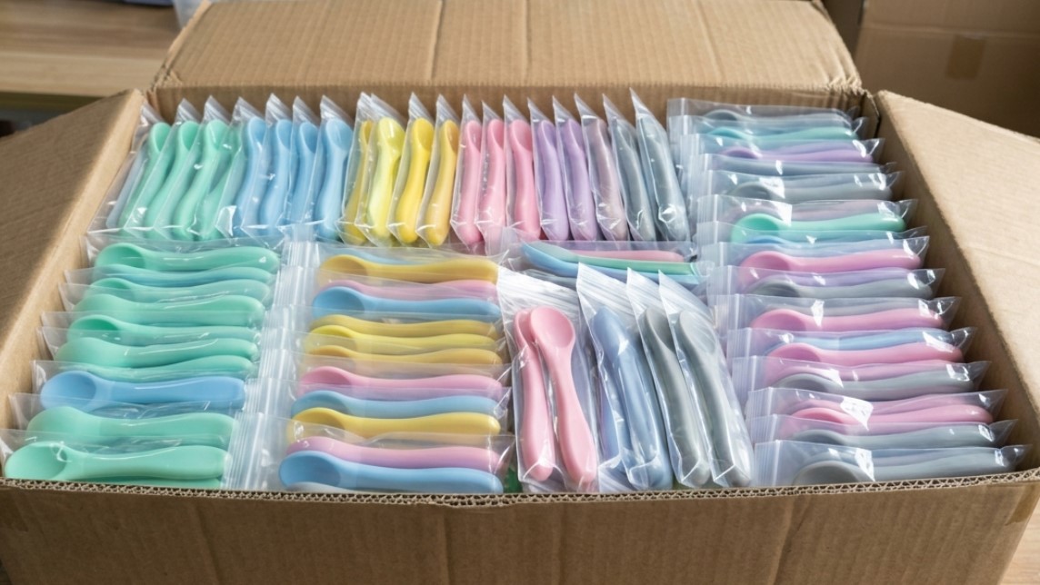 Colheres de silicone coloridas para alimentação de bebês são embaladas em sacos OPP a granel.
