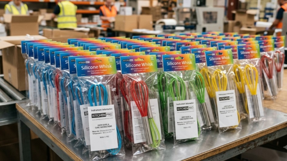 Os conjuntos de mini batedores de silicone coloridos são embalados em embalagens personalizadas com cartão de apresentação e informações sobre os instrumentos para vendedores de comércio eletrônico.