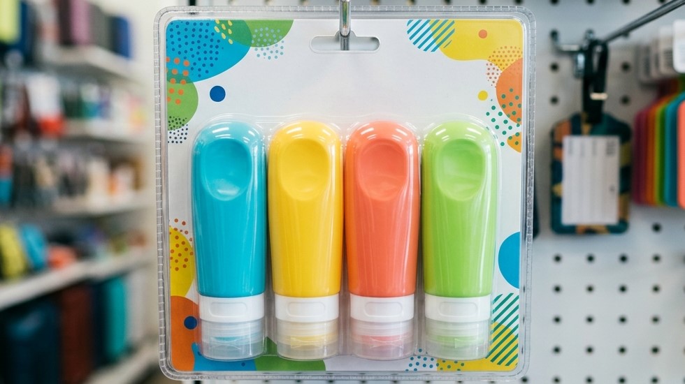 I flaconi da viaggio in silicone colorato sono confezionati in blister per soddisfare i requisiti di confezionamento al dettaglio.
