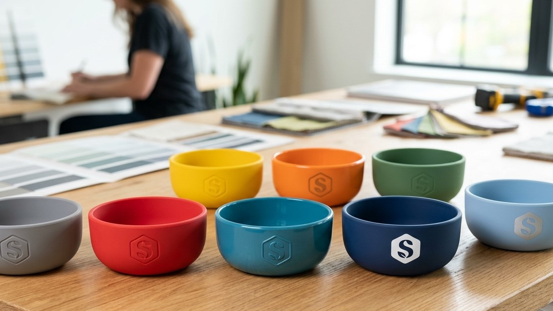 Bols pour bébé en silicone personnalisés avec logos au choix, par gaufrage, débossage, sérigraphie ou tampographie.