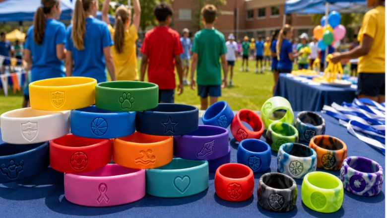 Braccialetti e anelli in silicone personalizzati con loghi serigrafati e in rilievo per scuole, società sportive e organizzazioni no-profit.