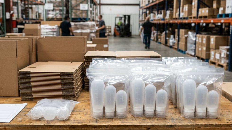 I set personalizzati di flaconi in silicone comprimibili sono confezionati in sacchetti di plastica per l'imballaggio all'ingrosso.
