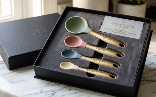 Colheres medidoras de silicone personalizadas para contato com alimentos, de diferentes capacidades e tamanhos, são embaladas em embalagens de presente premium.