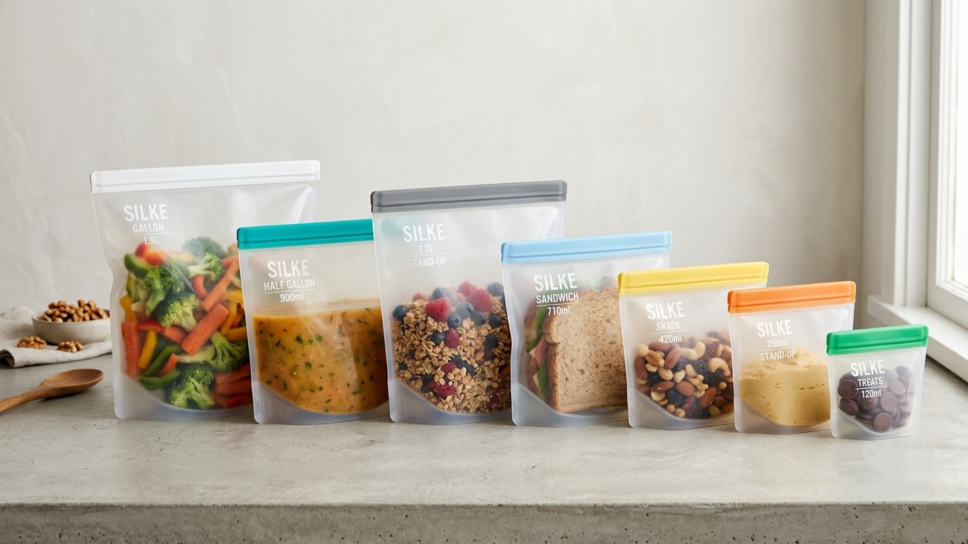 Sacos de silicone para armazenamento de alimentos, à prova de vazamentos, em diferentes capacidades e feitos com silicone de alta qualidade para uso alimentar.