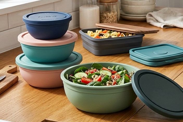 Recipientes de silicone de qualidade alimentar em diversas cores, com revestimento rígido, ideais para armazenar alimentos na cozinha durante o preparo.
