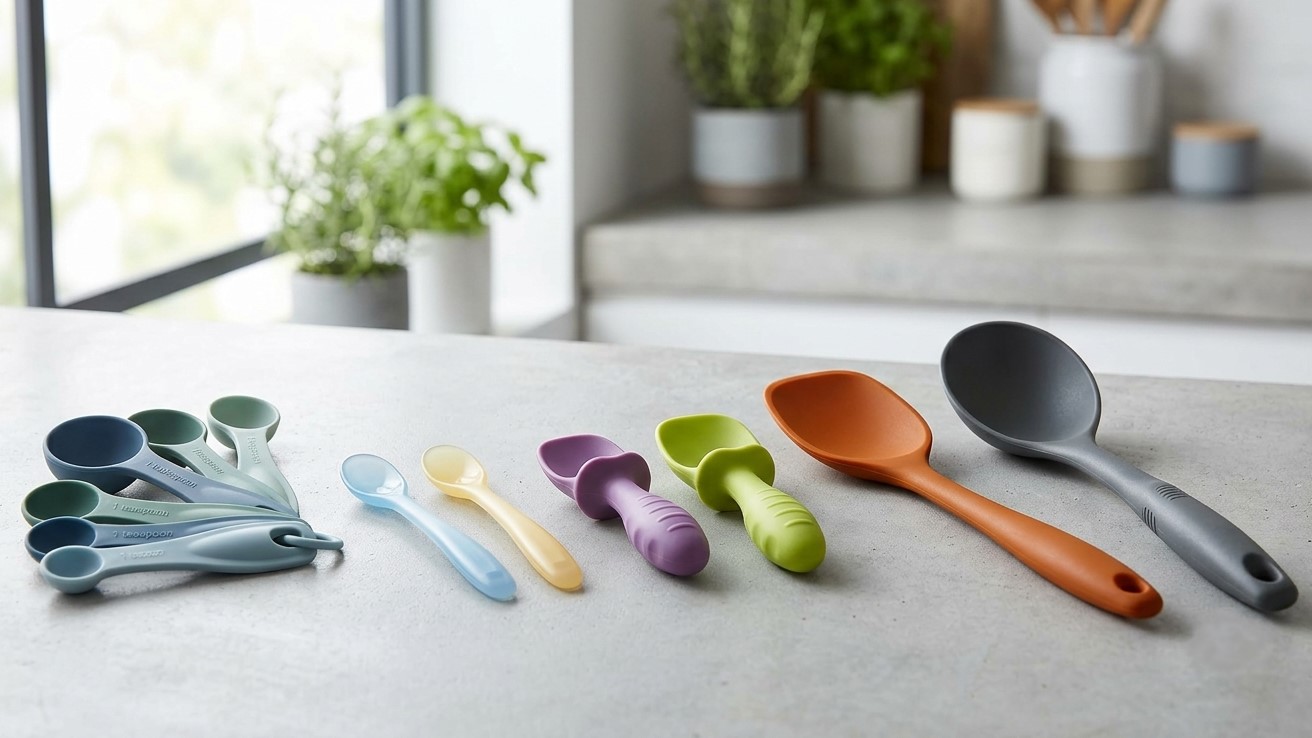Colheres medidoras de silicone com diferentes formatos e capacidades, colheres de silicone para treinamento de alimentação e colheres de silicone para culinária.