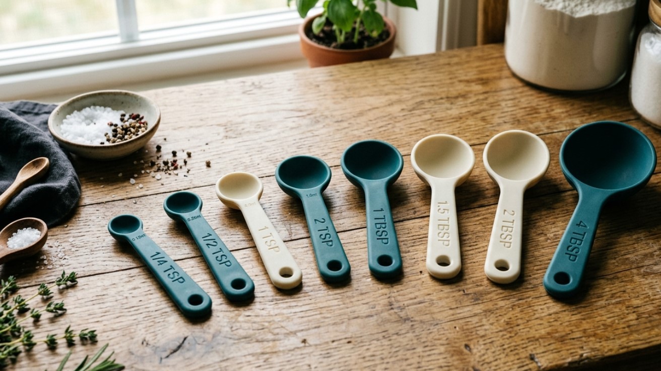 Colheres medidoras de silicone de diferentes tamanhos, com capacidades distintas e marcações gravadas.