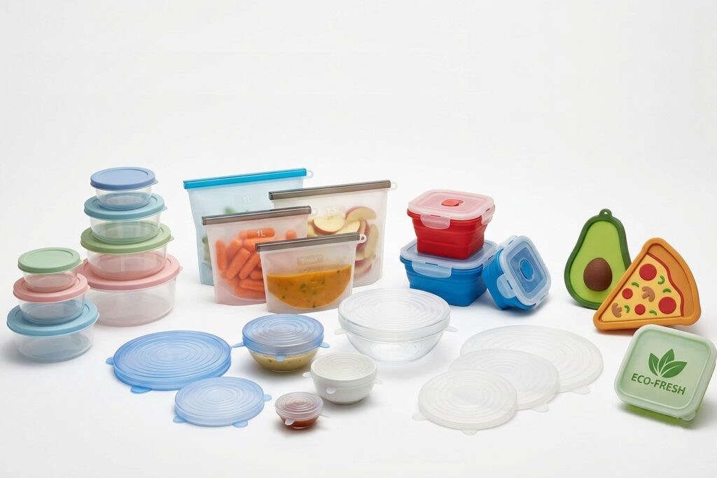 Diversos tipos de produtos de silicone para armazenamento de alimentos, com padrões de qualidade alimentar.