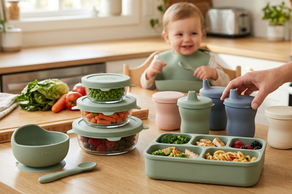 Diversos recipientes de silicone para alimentos e lancheiras são utilizados para bebês e famílias.