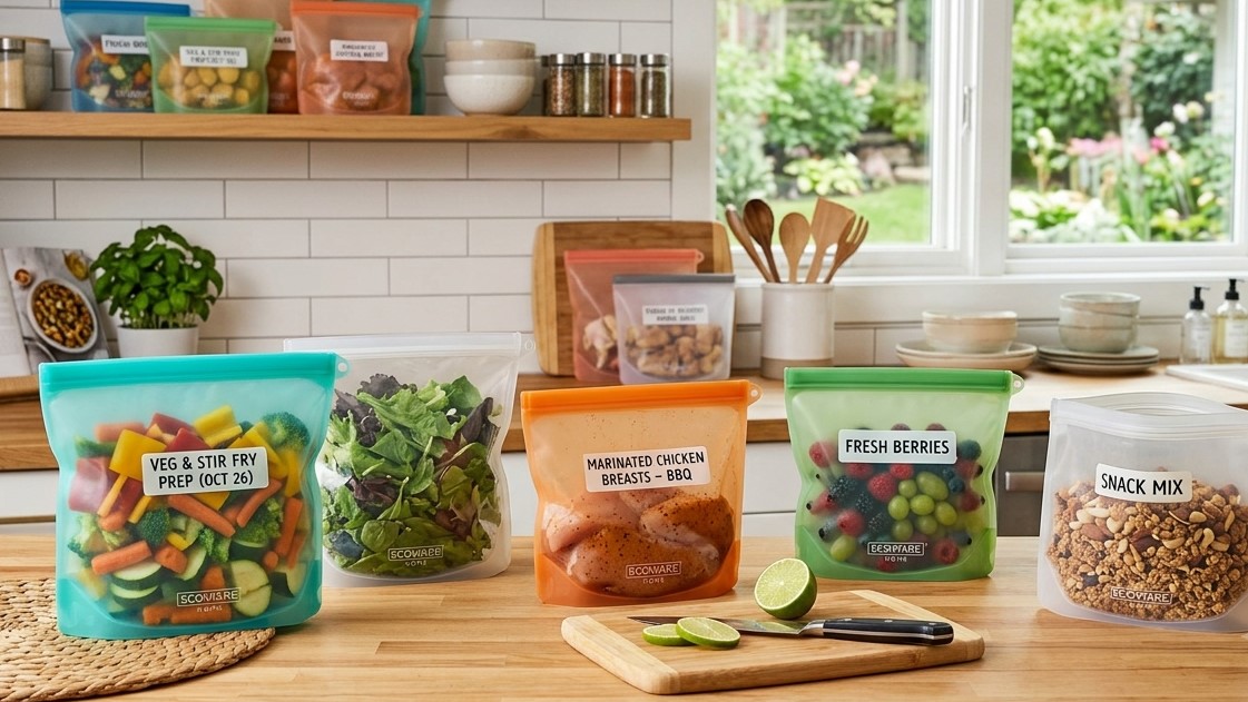 Bolsas de silicona para alimentos, resistentes a las manchas y en contacto con alimentos, para la preparación y el almacenamiento de comidas, para marcas de utensilios de cocina y del hogar.