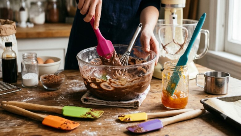 Üstün tasarımlı fırıncılık ürünleri markaları için özel olarak üretilmiş, gıda ile temas eden silikon pişirme spatulaları.