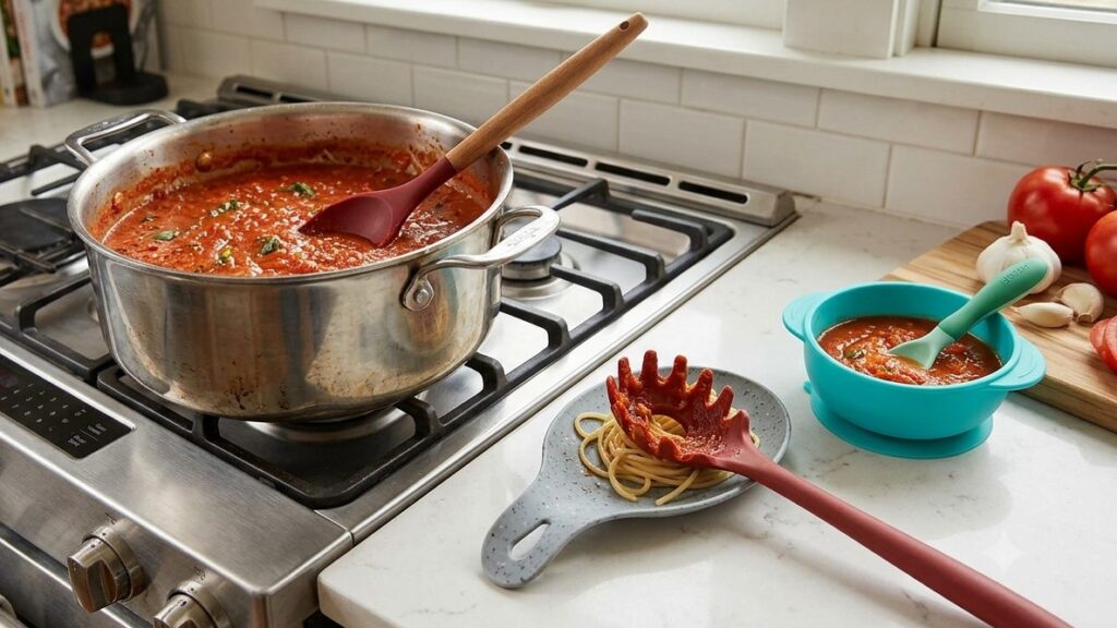 Colher de silicone para contato com alimentos, colher de silicone para alimentação de bebês e colher de silicone para servir massa em conjunto com utensílios de cozinha.