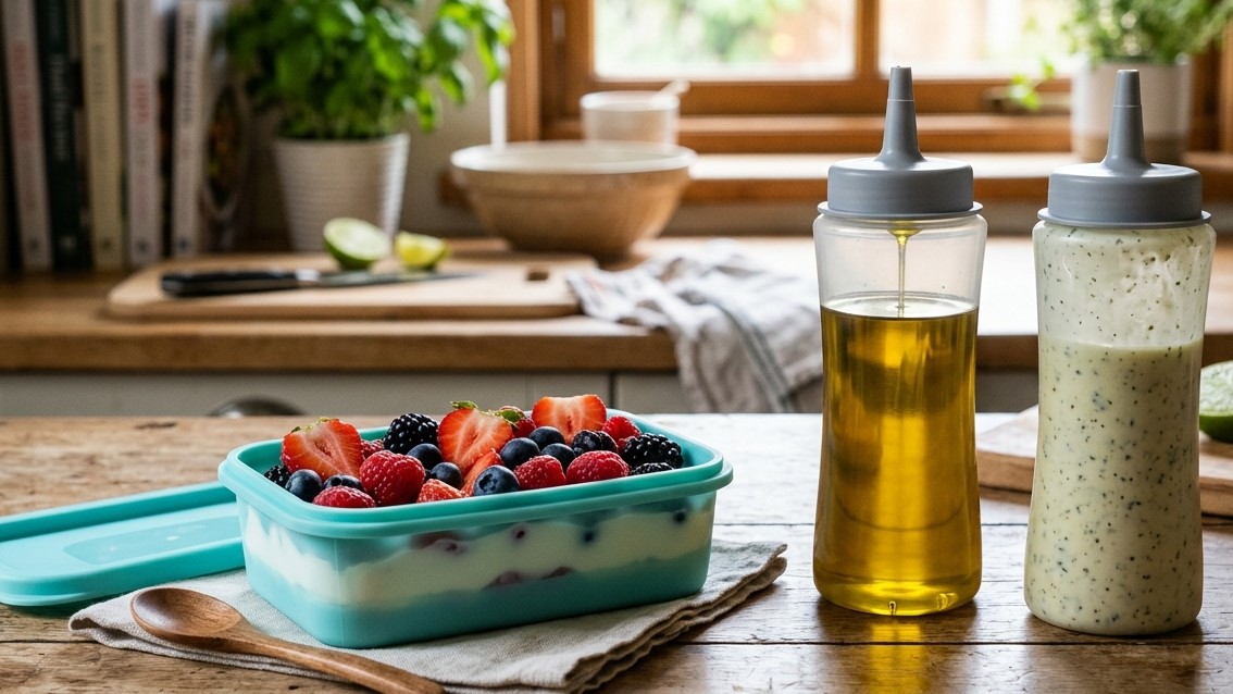 Contenitore per alimenti in silicone a contatto con gli alimenti e flacone in silicone a pressione per salse e condimenti.
