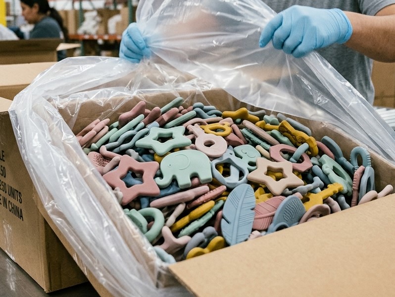 Fopspenen van siliconen van voedselkwaliteit worden verpakt in een kartonnen doos volgens de bulkverpakkingsmethode.