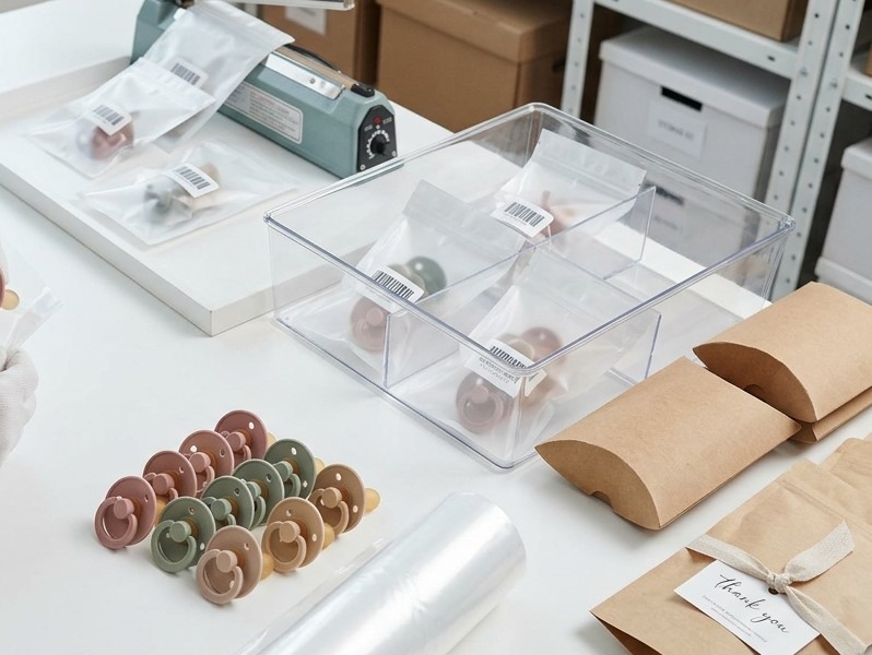 Bijtringen van siliconen van voedselkwaliteit worden verpakt in plastic zakjes en kartonnen doosjes met kussentjes, volgens de verpakkingsmethode voor e-commerce.