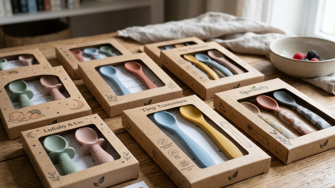 Colheres de treinamento e colheres de alimentação para bebês feitas de silicone de qualidade alimentar são embaladas em embalagens personalizadas para marcas de produtos para alimentação infantil.