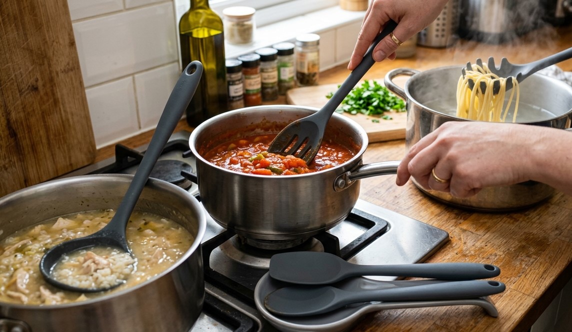 Colheres de silicone resistentes ao calor e aprovadas pela FDA para cozinhar e misturar, de diversas marcas de utensílios de cozinha.