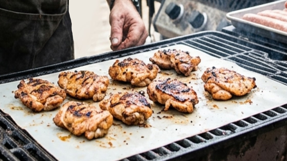 Een hittebestendige siliconen bakmat wordt op een gietijzeren bakplaat geplaatst voor het barbecueën.