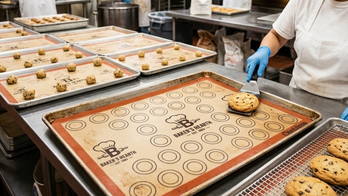 Hittebestendige siliconen bakmatten voor commerciële bakkerijen en voedselproducenten.