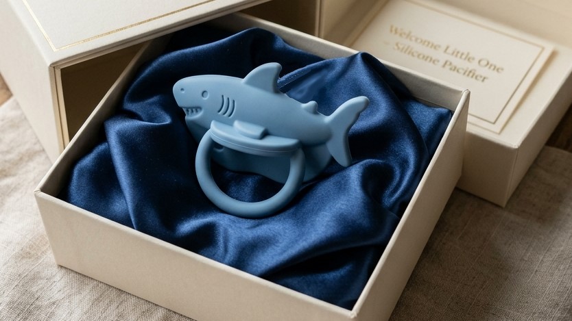 Hoogwaardige siliconen bijtring in haaienvorm, verpakt in een geschenkdoos, geschikt voor de verpakking op maat van promotie- en cadeaubedrijven.