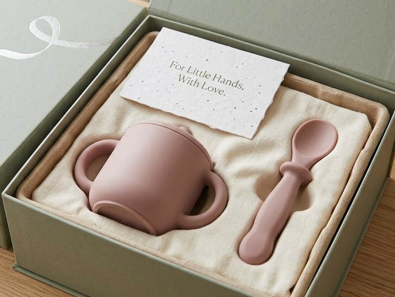 Een hoogwaardige siliconen babybeker en siliconen babylepel worden verpakt in een luxe geschenkdoos met een gepersonaliseerde wenskaart, gemaakt van gladde stof en stevig materiaal.