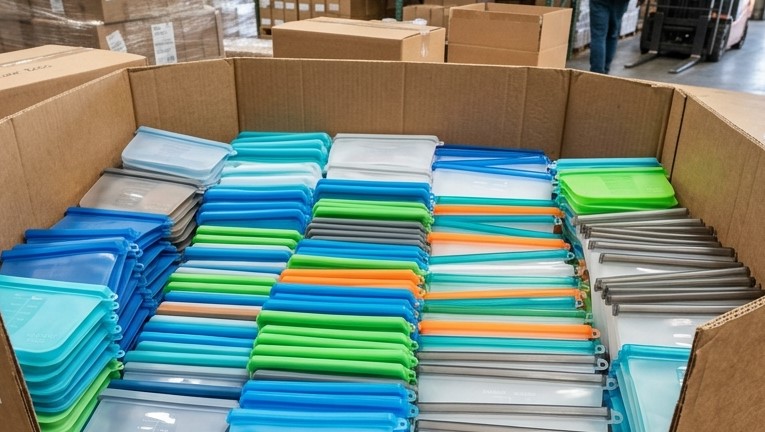 Nhiều túi đựng thực phẩm bằng silicon trong hộp giấy để đóng gói số lượng lớn.