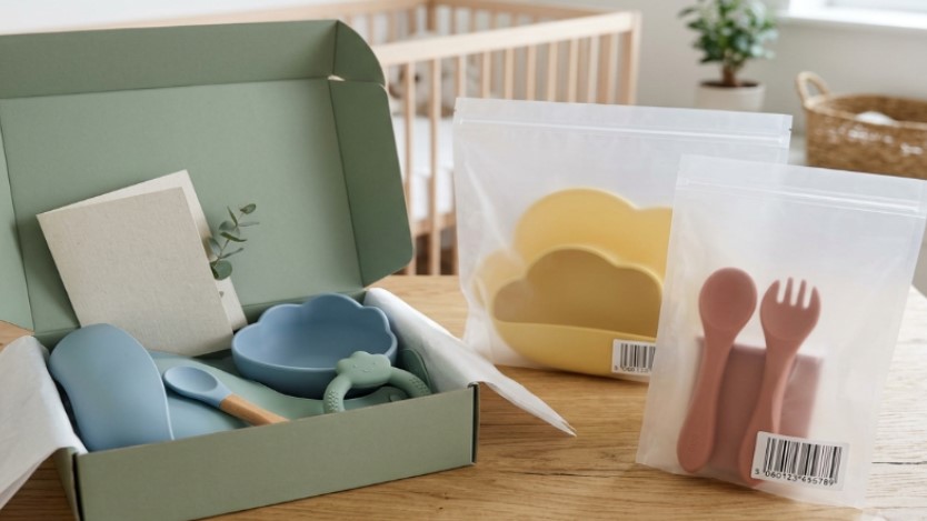 Optionele OPP-zakjes en stevige geschenkdozen met siliconen babyproducten voor detailhandelaren en webwinkels.