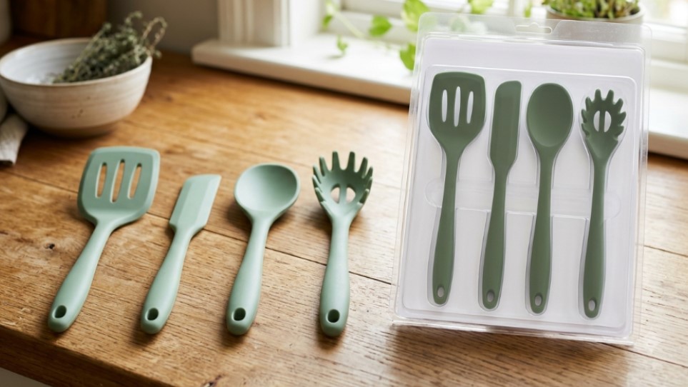Perakende ambalaj için paketlenmiş silikon spatula seti.