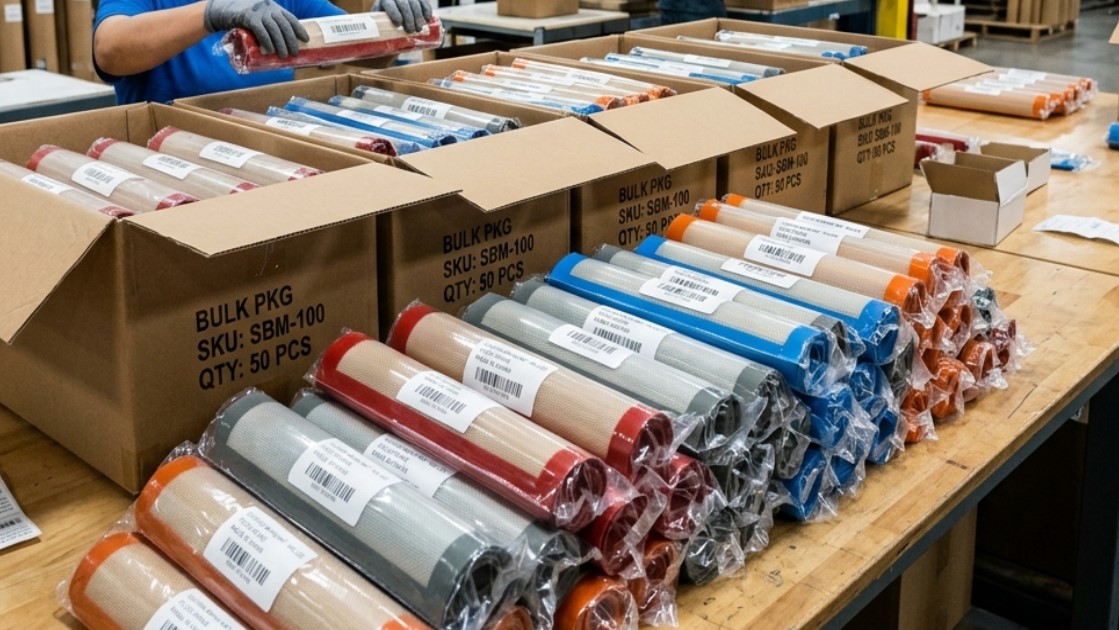 Bakmatten van hoogwaardig siliconen, opgerold, worden verpakt in plastic zakken voor distributeurs en groothandelaars.