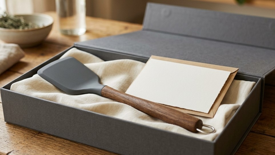 Birinci sınıf silikon pişirme spatulası, özel tasarım hediye kutusunda paketlenmiştir.