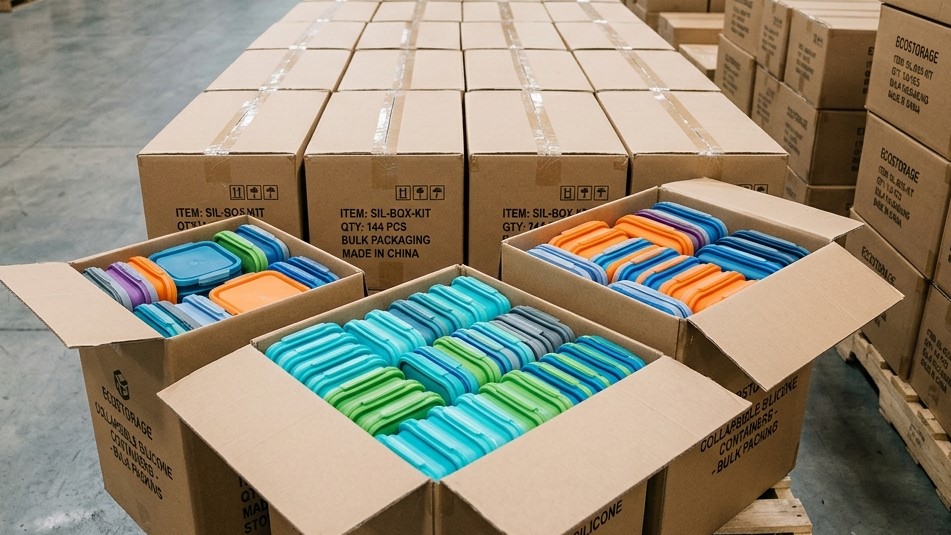 Os recipientes de silicone premium para armazenamento de alimentos são embalados em caixas de papelão a granel.