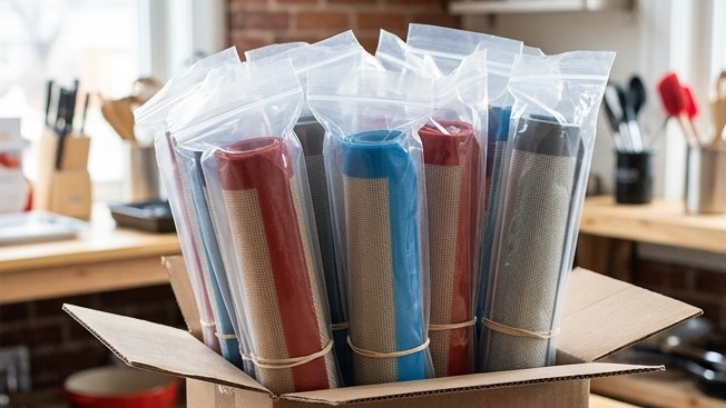 Opgerolde siliconen bakmatten worden in plastic zakken verpakt voor bulkverpakking.