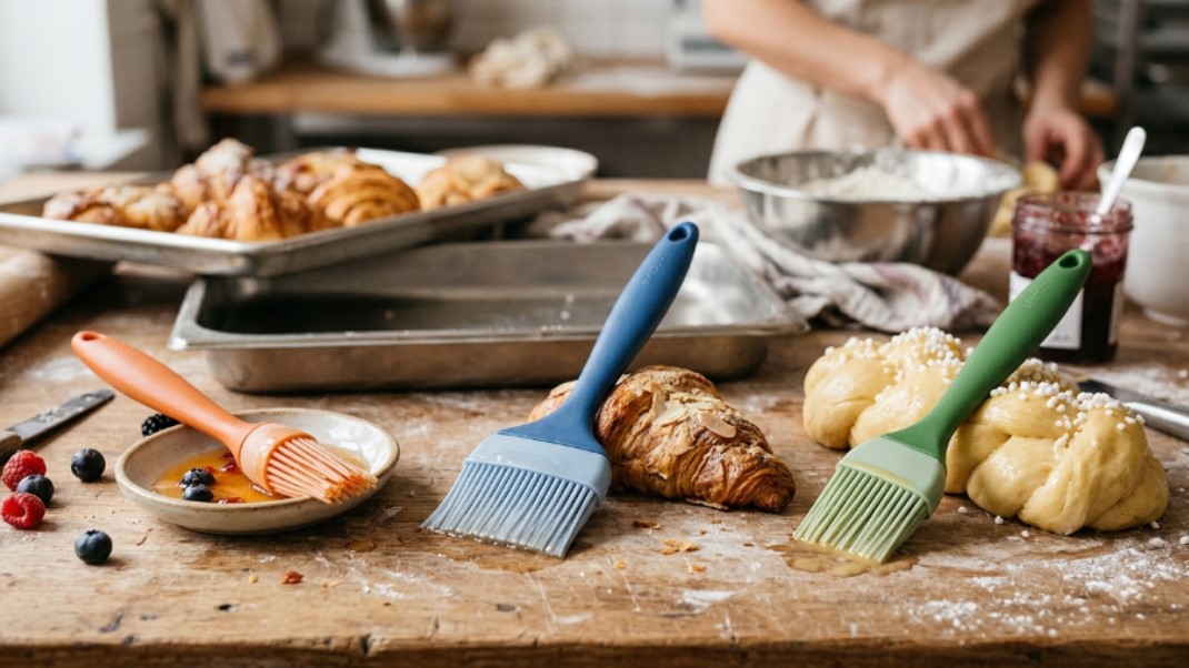 Farklı pişirme ihtiyaçlarına yönelik yuvarlak, düz ve açılı fırça şekillerine sahip gıda sınıfı silikon pasta fırçaları.