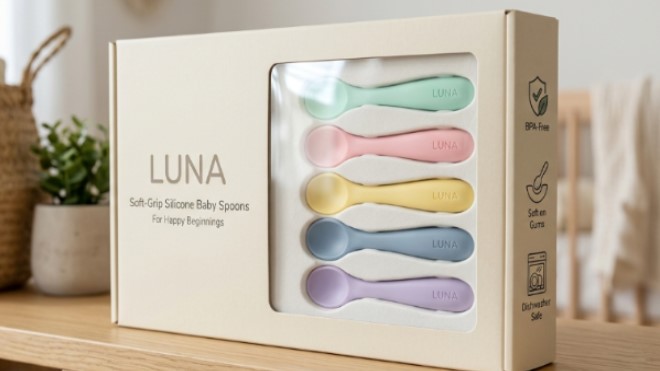 As colheres de silicone para alimentação de bebês vêm embaladas em uma caixa com visor.