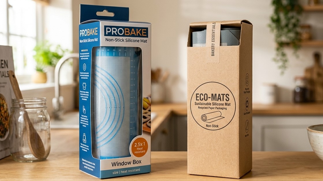 Siliconen bakmatten met op maat gemaakte verpakkingen, waaronder ecologische kartonnen dozen en vensterdozen, voor zowel detailhandelaren als webwinkels.