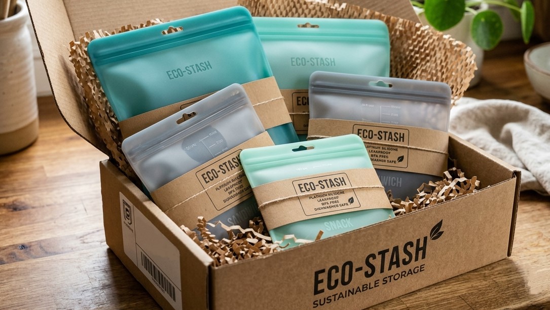 Os sacos de silicone para armazenamento de alimentos são embalados juntamente com as embalagens de comércio eletrônico.