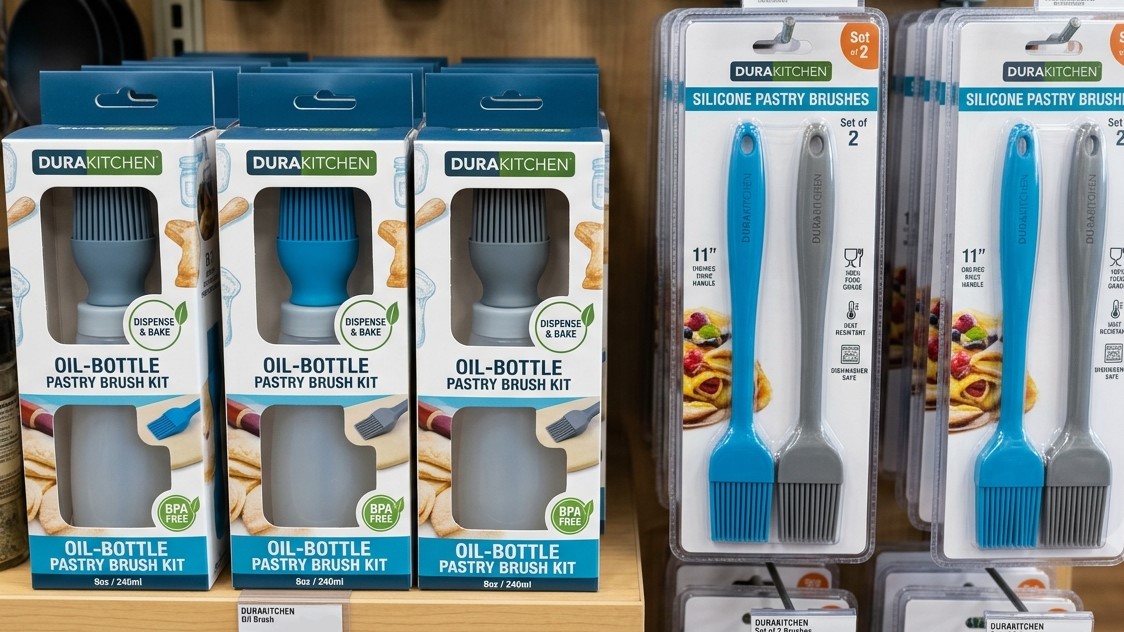 Silikon pasta fırçası setleri ve şişeyle entegre silikon pasta fırçaları, perakende ve e-ticaret şirketleri için paketlenmiştir.