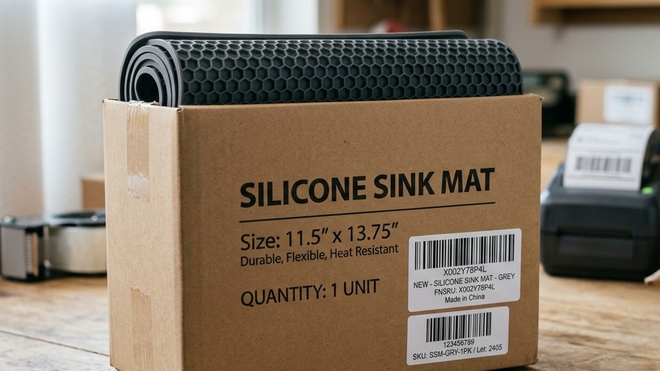Podkładki silikonowe pod podstawki w opakowaniu e-commerce z etykietami z kodem kreskowym