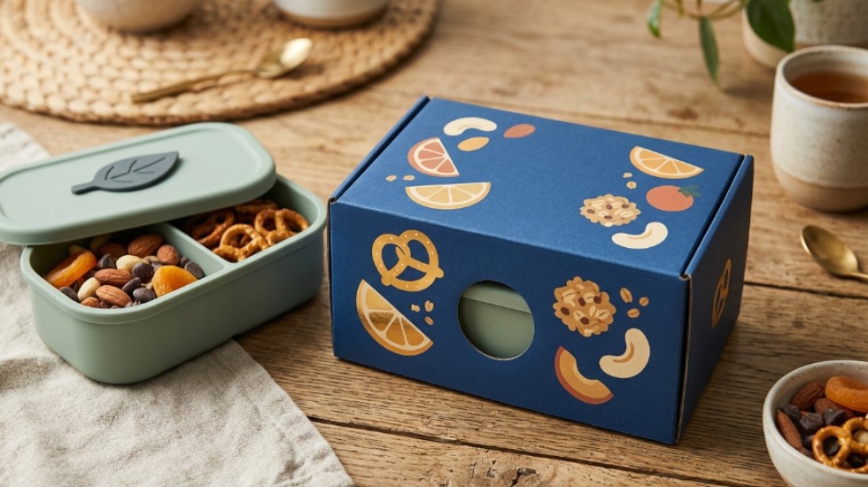 Contenitore per snack in silicone con confezione di marca di alta qualità.