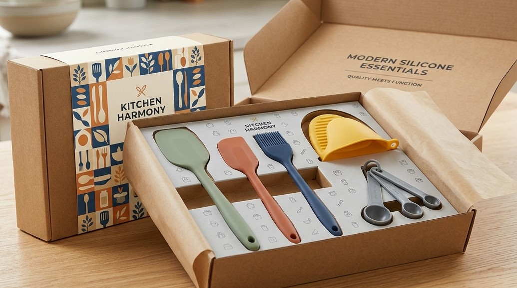 Dao trộn silicon, cọ silicon và găng tay silicon dùng để làm bánh được đóng gói theo phương thức đóng gói thương mại điện tử.