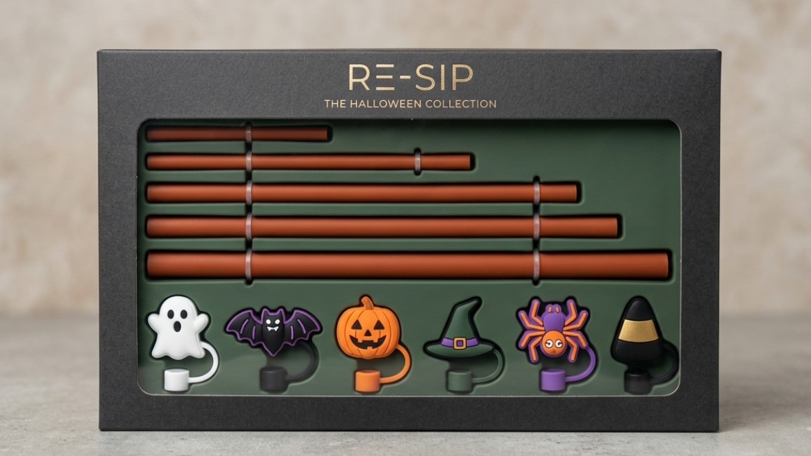 ハロウィンデザインのシリコンストローセットとシリコンストローキャップは、デザインされた紙箱に梱包されています。