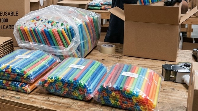 プラスチック袋に詰められたシリコンストロー(バルク包装)