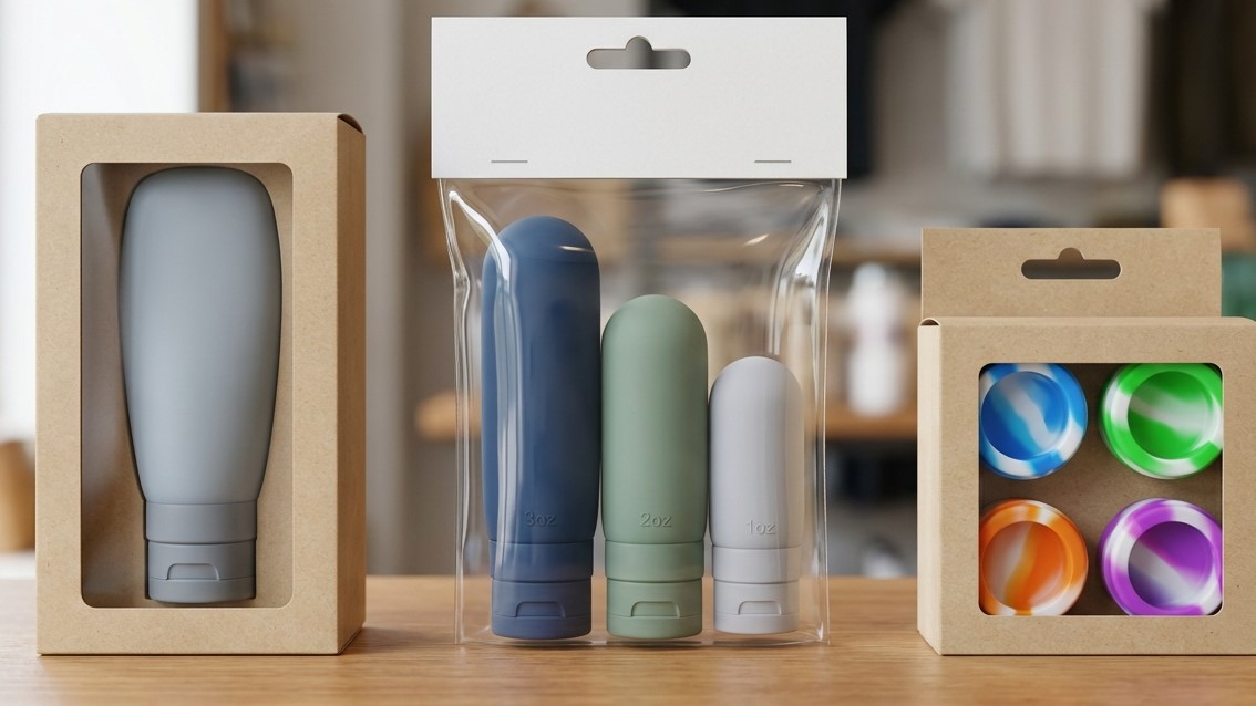 Contenitori in silicone per cera, flaconi da viaggio in silicone e flaconi a pressione in silicone con confezioni personalizzate per rivenditori e venditori online.